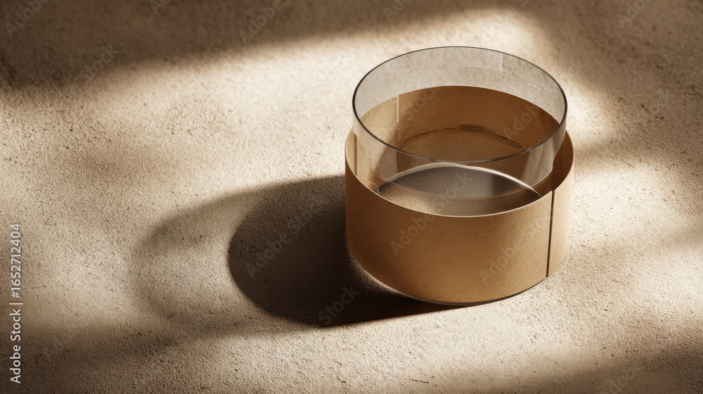 Poster minimalist glass and paper container with soft natural light creating shadows on textured surface