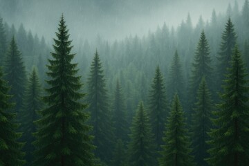 Fototapeta premium Captivating expansive perspective of a lush conifer forest in rainy weather