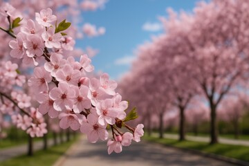 Close-up of vibrant sakura flowers on a tree against a clear blue sky