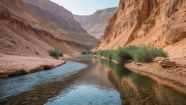 Flowing creek through a canyon in the desert with water reflections, emphasizing ecological and adventure tourism