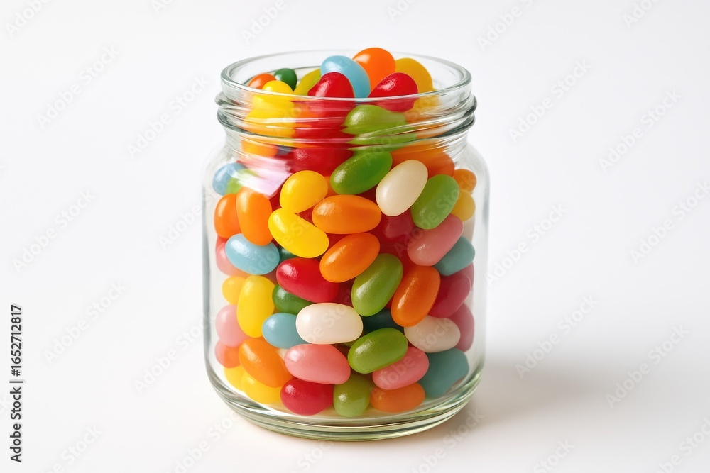 Poster assorted sweet beans stored in a clear jar with a white background