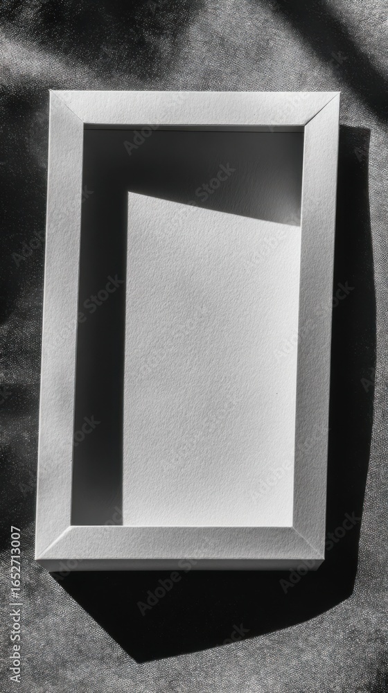 Poster minimalist white frame on dark background casting shadows and highlighting simple design elements an