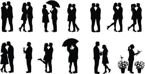 Romantic couple silhouettes, kissing, umbrella scene, love expression, flower gifting, LGBTQ couple, sweet moment, emotional vector illustration design