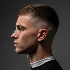 Male Model with a Fresh Fade Haircut in Profile on a Gray Background