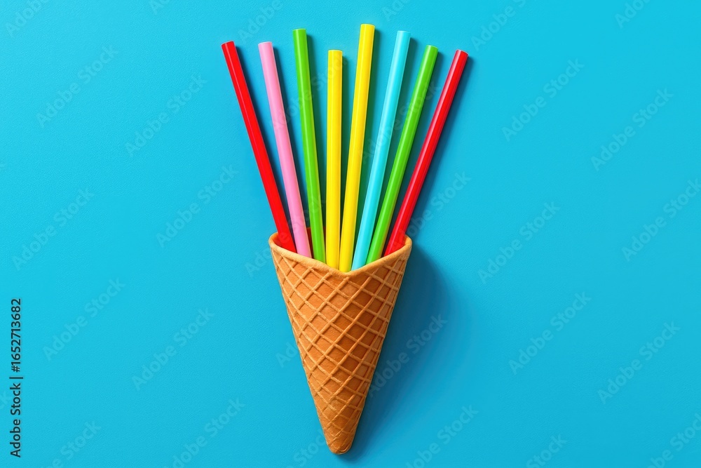 Poster bright blue background showcasing a sweet treat with a cone and an array of colorful drinking straws