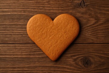 Obraz premium Heart-shaped gingerbread cookie placed on a rustic wooden background, viewed from above