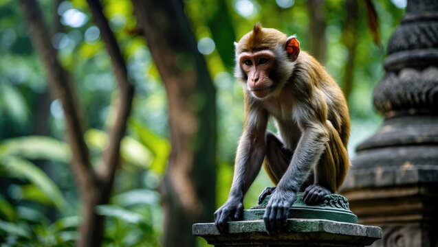 Wild monkey resting on an artistic monument in a lush jungle