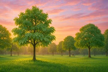 Fototapeta premium Sunrise glow over vibrant green foliage in a peaceful park