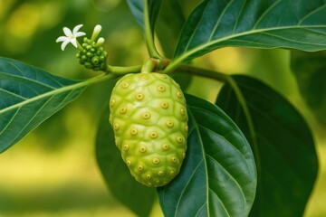 Fototapeta premium Discovering Morinda: a unique green fruit with medicinal properties that needs boiling to prepare herbal drinks