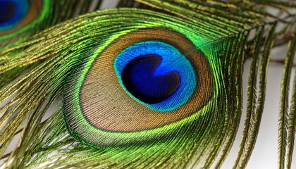 Stunning macro detail of a peacock feather's eye, displaying its vibrant iridescent colors and intricate natural patterns against a white background