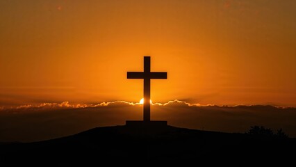 Christian cross shadow outlined by glowing sunrise clouds. Depiction of Jesus as the Lamb of God, highlighting themes of sacrifice and rebirth. Icon of spiritual belief and heavenly gift. Radiant