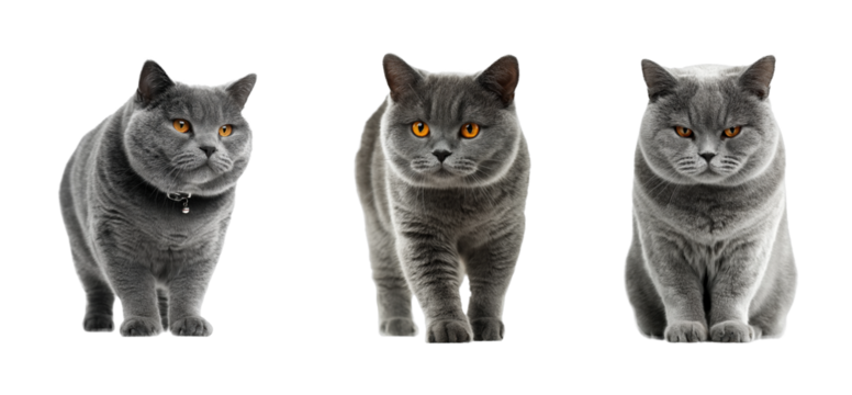 Three grey cats walking together animal PNG set, cut out, isolated on transparent background