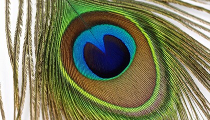 Naklejka premium Stunning close-up of a peacock feather showcasing its iridescent eye-spot, a breathtaking display of nature's vibrant blues, greens, and browns, symbolizing elegance and natural splendor