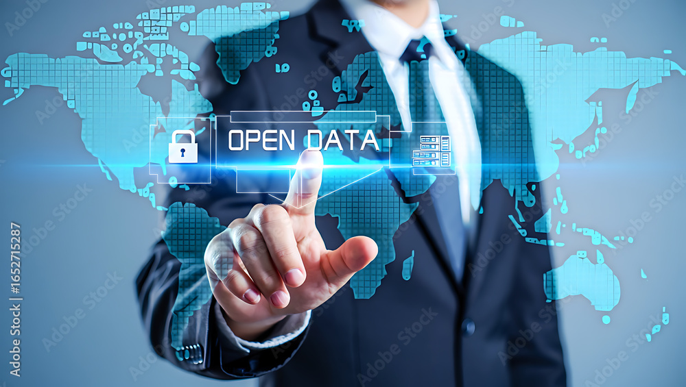 Poster businessman touching digital world map with open data image
