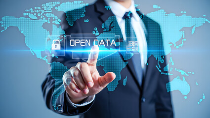 Businessman touching digital world map with open data image