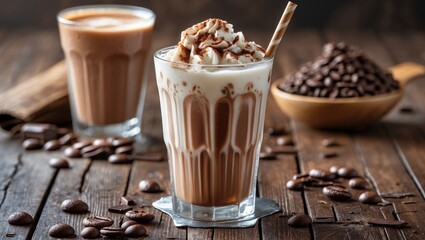 Chocolate-flavored soft drink presented on a wooden floor with garnishes