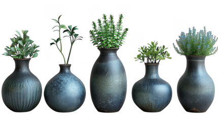 Modern Interior dried flower wheat decor ceramic vase transparent PNG set bundle, isolated background. Home decoration design