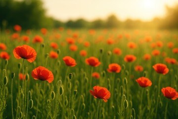 Expansive landscape filled with vibrant poppy flowers