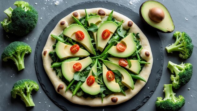 Healthy keto-friendly pizza with a green broccoli base, avocado and cheese toppings, suitable for vegans and vegetarians, presented on a slate surface from above