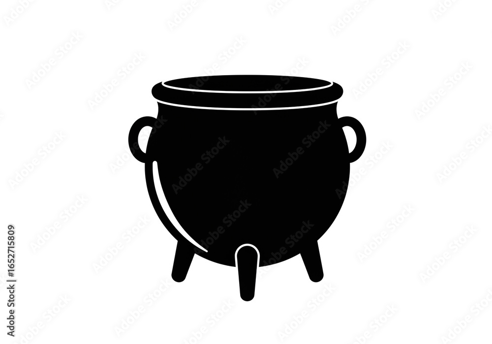 Aufkleber a black cauldron with three legs and two handles on a white background in a simple style