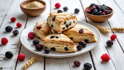 Homemade berry scones displayed on a rustic white wooden table