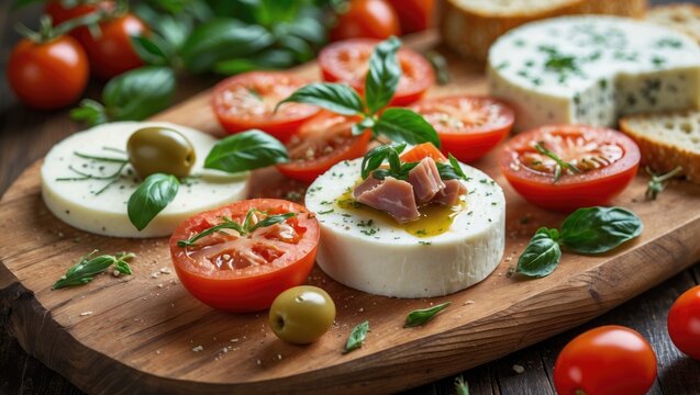 Vegetarian Italian starter with crispy frisella topped with cherry tomatoes, cheese, tuna, and olives. Dried bread served as an antipasto on a rustic wooden platter.