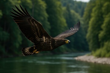 Obraz premium Juvenile bird gliding above a waterway