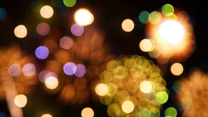 Blurred background Golden Firework celebrate anniversary happy new year 2025, 4th of july holiday festival. Blurry gold firework night time celebrate national holiday. Countdown to new year 2025