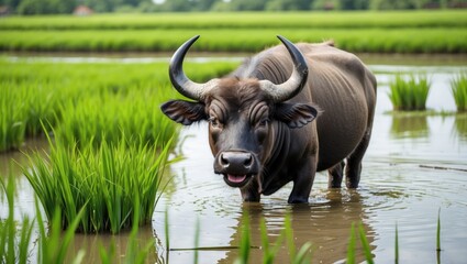 Obraz premium Cheerful Buffalo Amidst Rice Crops