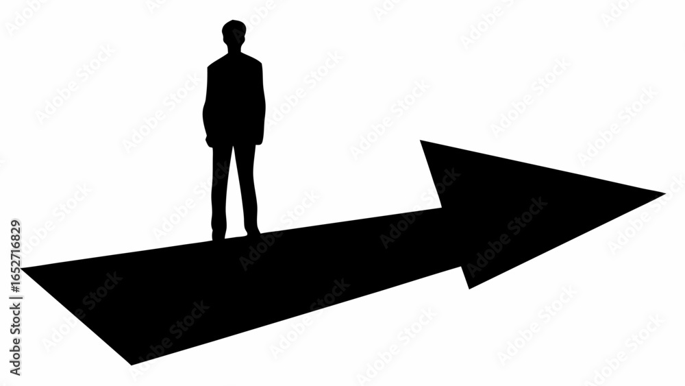 Poster silhouette of a man in a suit standing on top of a large black arrow pointing to the right direction