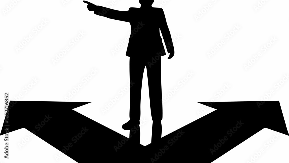 Poster silhouette of a man in a suit standing at a crossroads pointing in a direction with arrows below him