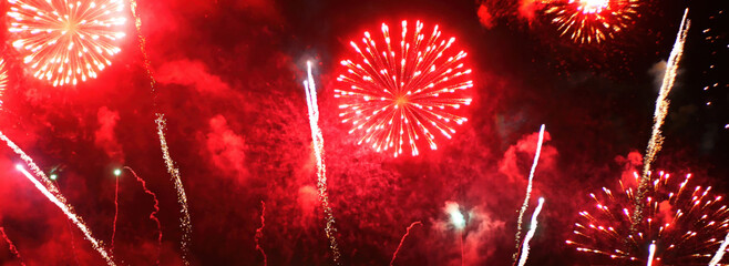 Banner Red Firework celebrate anniversary happy new year 2025 4th of july holiday festival. Banner...