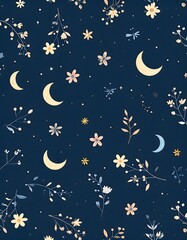 Naklejka premium Whimsical Night Garden: Crescent Moons, Floral Sprigs, and Starry Sky Pattern