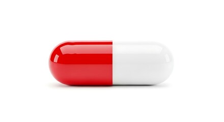 A single red and white pharmaceutical capsule symbolizing medical treatment, healthcare, and pharmacology isolated on a clean white background for wellness concepts.
