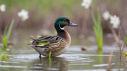 Obraz premium Male teal with green wings during spring season