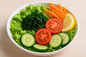 Fresh and Nutritious Green Salad with Leafy Greens, Seaweed, Tomatoes, Cucumbers, Carrots, and Lemon Juice