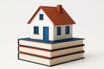 Simple drawing of a tiny home paired with books against a white background