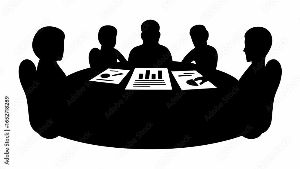 Poster silhouette of five people sitting around a table with documents and charts in a meeting setting show
