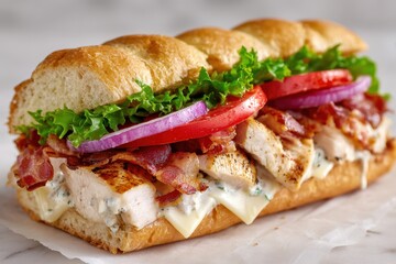 Bacon Chicken Ranch Sandwich - Grilled Chicken, Bacon, and Fresh Vegetables on a Sub Roll.