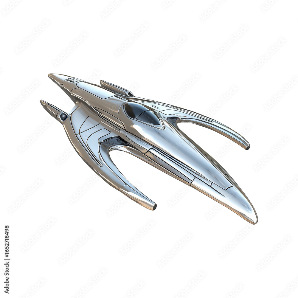 Poster futuristic silver spaceship design. advanced spacecraft concept for sci-fi exploration. isolated on 