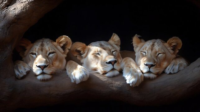 A trio of lionesses gracefully resting in a shaded enclosure at the zoo