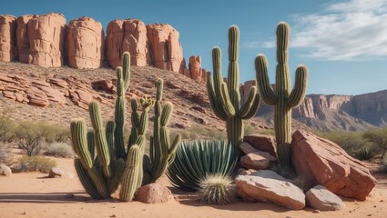 Collection of desert plants amid stone landscape