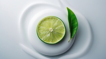 Fresh lime wedge with green leaves against a white background