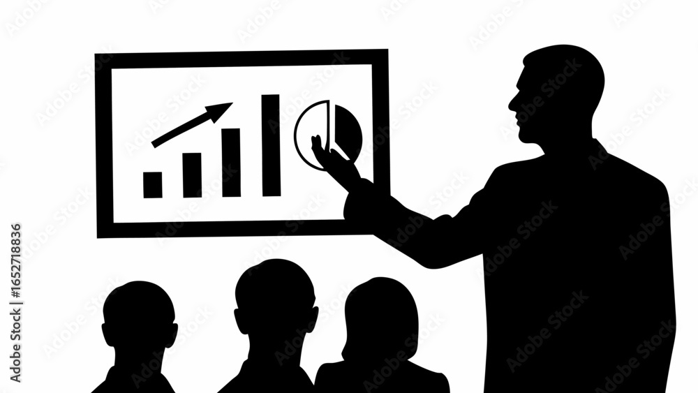 Aufkleber silhouette of a presenter pointing to a chart with an audience in a business presentation setting