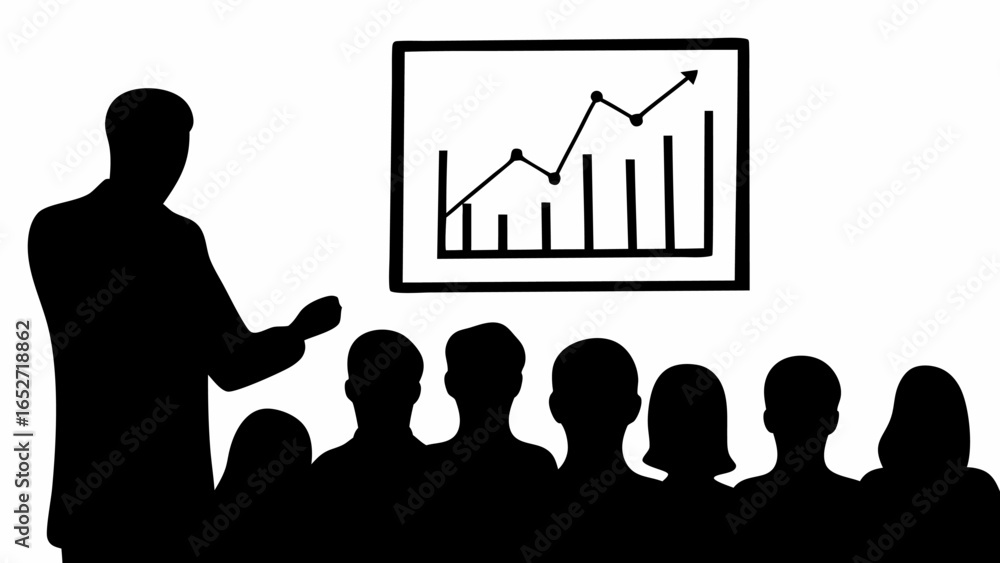 Poster silhouette of a presenter giving a presentation to an audience with a graph on the screen behind him