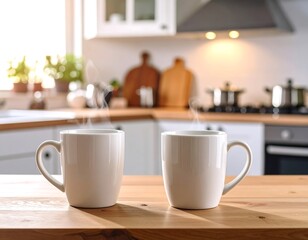 Fototapeta premium Morning bliss: Two steaming cups on a wooden table in a sunlit kitchen