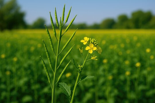 Fototapeta Agricultural scene showcasing vibrant mustard pods in a cultivated field