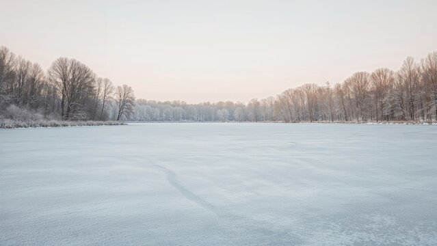 Icy lake surrounded by trees in winter - Powered by Adobe