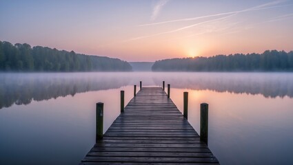 Obraz premium Early dawn with mist over a peaceful lake in a northern German region