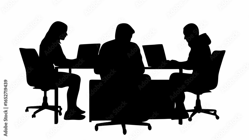 Aufkleber silhouette of three people sitting at a table with laptops in a meeting or work environment setting
